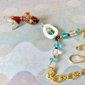 Cloisonne&#39; Metal Fish Necklace, Jointed Red and Aqua Fish Necklace