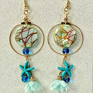 Starfish Earrings, Pale Aqua & Gold Disk Earrings