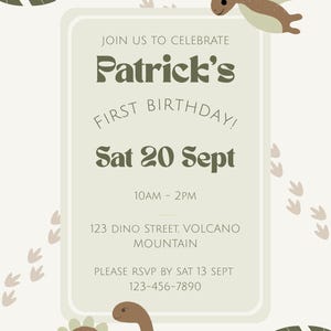 Editable Dinosaur Birthday Invitation | Earthy Green Baby First Birthday Invite | Digital Download | Minimalist Party Template | Dino Boys
