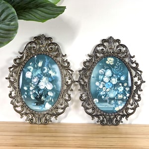 2 Vintage Italian Floral Still Life Prints in Ornate Brass Frames