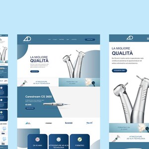 May include: A website design featuring dental equipment and the text "LA MIGLIORE QUALITA". The design includes a mobile version and a desktop version, both in shades of blue and white. The website showcases dental tools.