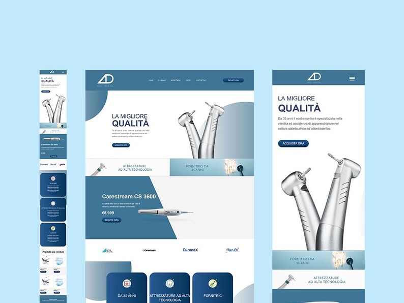 May include: A website design featuring dental equipment and the text "LA MIGLIORE QUALITA". The design includes a mobile version and a desktop version, both in shades of blue and white. The website showcases dental tools.
