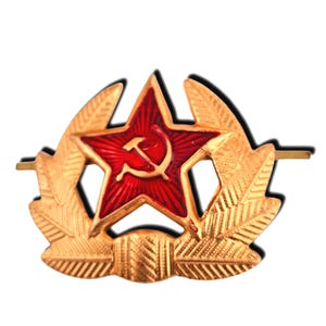 May include: A gold-colored pin featuring a red star with a hammer and sickle emblem at its center. The star is surrounded by a gold wreath. The pin has a horizontal bar on the back for attachment.