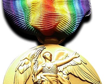 May include: A gold medal with a rainbow-coloured ribbon. The medal depicts a winged figure holding a torch. The ribbon displays a spectrum of colours, including red, orange, yellow, green, blue, and purple.