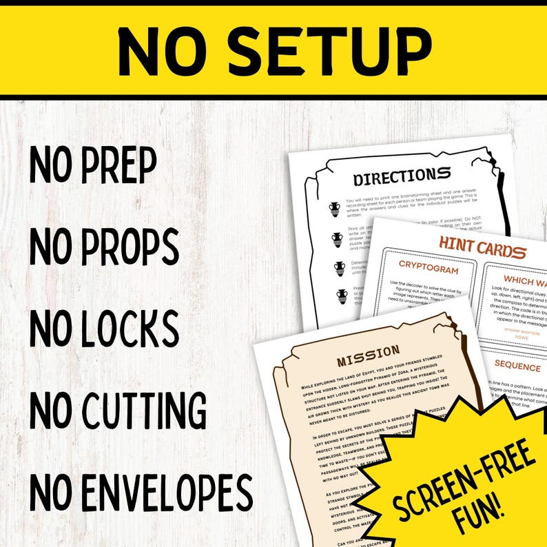 Op de afbeelding: Een geel en zwart bord met de tekst "NO SETUP" en een lijst met vijf redenen: "NO PREP", "NO PROPS", "NO LOCKS", "NO CUTTING" en "NO ENVELOPES". Onder het bord is een zwart-witte afbeelding van een spel met de tekst "SCREEN-FREE FUN!" in een gele ster.
