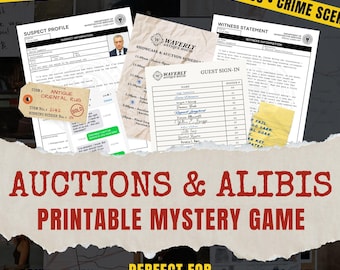 May include: A printable mystery game titled "Auctions & Alibis" with crime scene tape and evidence documents. Includes a suspect profile, witness statement, and guest sign-in sheet. The game is perfect for teens and adults.