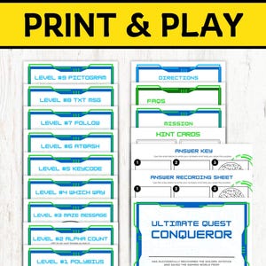 May include: Printable game cards with a blue and green color scheme. The cards feature a variety of levels, including "Pictogram", "TXT MSG", "Follow", "Atbash", "Keycode", "Which Way", "Maze Message", "Alpha Count", and "Polybius". The cards also include instructions, FAQs, mission hint cards, an answer key, and an answer recording sheet. The game is called "Ultimate Quest Conqueror".