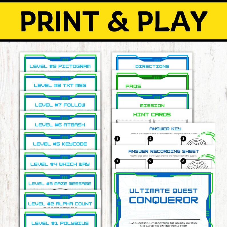 May include: Printable game cards with a blue and green color scheme. The cards feature a variety of levels, including "Pictogram", "TXT MSG", "Follow", "Atbash", "Keycode", "Which Way", "Maze Message", "Alpha Count", and "Polybius". The cards also include instructions, FAQs, mission hint cards, an answer key, and an answer recording sheet. The game is called "Ultimate Quest Conqueror".