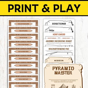 Op de afbeelding: Een printbare spelset voor een "Pyramidemeester" escape room. De set bevat een missiekaart, hintkaarten, een antwoordblad, een brainstorm-pad en 10 taakkaarten met verschillende uitdagingen.