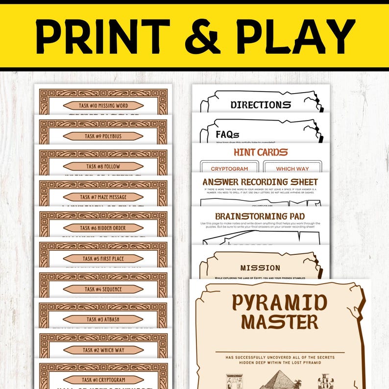 Op de afbeelding: Een printbare spelset voor een "Pyramidemeester" escape room. De set bevat een missiekaart, hintkaarten, een antwoordblad, een brainstorm-pad en 10 taakkaarten met verschillende uitdagingen.