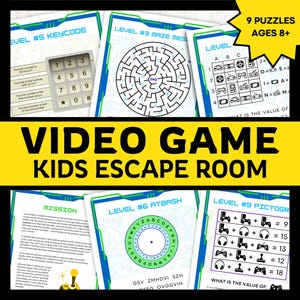 May include: A printable set of nine video game themed escape room puzzles for kids. The puzzles include a maze, a code breaker, a picture puzzle, and more. The puzzles are designed for ages 8 and up.