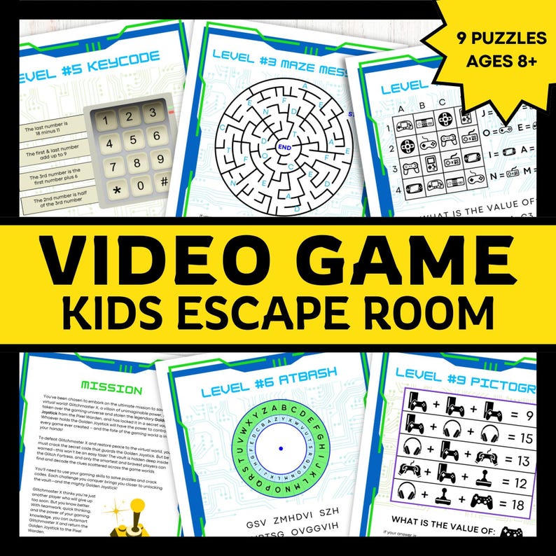 May include: A printable set of nine video game themed escape room puzzles for kids. The puzzles include a maze, a code breaker, a picture puzzle, and more. The puzzles are designed for ages 8 and up.