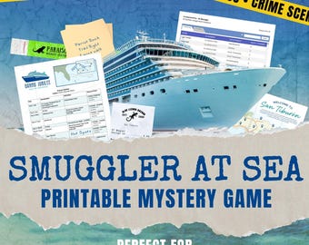 May include: A digital download graphic for a printable mystery game titled "Smuggler at Sea." The image features a cruise ship, crime scene tape, and various clues. The game is advertised as perfect for teens and adults.