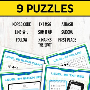 May include: Nine printable puzzle game cards with a blue and green border. The puzzles include: Morse Code, Text Message, Atbash, Line-W-L, Sum It Up, Sudoku, Follow, X Marks the Spot, and First Place.