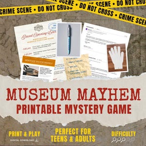 Peut inclure: Jeu de mystère imprimable "Museum Mayhem" sur le thème d'une scène de crime. L'image comprend des indices tels qu'un stylo, des notes et un gant blanc. Le jeu est conçu pour les adolescents et les adultes.