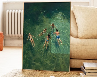 Green Swimming Abstract Art Print, Retro Minimalist Wall Decor (Digital Download)