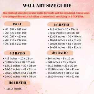 May include: A wall art size guide with text in black font on a cream background. The guide lists sizes for ISO A, 4:6, 4:5, 3:4, and 11:14 ratios, including inches and centimeters. The text at the top says "WALL ART SIZE GUIDE".