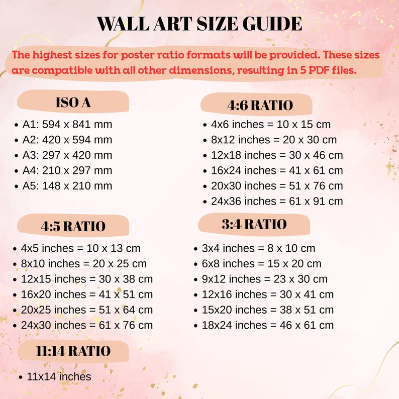 May include: A wall art size guide with text in black font on a cream background. The guide lists sizes for ISO A, 4:6, 4:5, 3:4, and 11:14 ratios, including inches and centimeters. The text at the top says "WALL ART SIZE GUIDE".