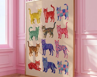 Colorful Cat Wall Art, Whimsical Cat Art Print, Abstract Cat Wall Art, Modern Pop Art Cats Print, Whimsical Animal Poster, Digital Download