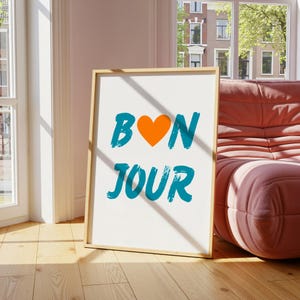Bonjour kunst aan de muur, Franse typografie print, keuken muur decor, café poster, afdrukbare citaat kunst, slaapzaal print, digitale download
