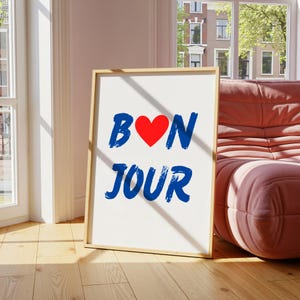 Bonjour kunst aan de muur, Franse typografie print, keuken muur decor, café poster, afdrukbare citaat kunst, slaapzaal print, digitale download