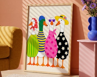 Whimsical Goose Family Poster, Funny Duck Wall Art Print, Cottagecore Animal Decor, Colorful Farmhouse Kitchen Artwork, Vintage Goose Print