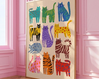 Abstract Cat Wall Art, Whimsical Cat Art Print, Modern Pop Art Cats Print, Animal Poster, Colorful Cat Wall Art, gifted decorations