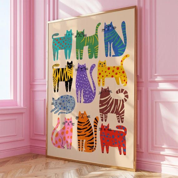Abstract Cat Wall Art, Whimsical Cat Art Print, Modern Pop Art Cats Print, Whimsical Animal Poster, Colorful Cat Wall Art, Digital Download