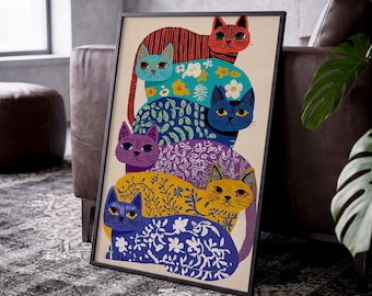 Colorful Mid-Century Cat Art Print – Whimsical Floral Cats Poster - Retro Boho Wall Decor, Dopamine Decor, gift for him, Gift idea