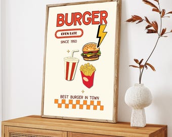 Impressão retrô de lanchonete de hambúrgueres, arte de parede vintage de fast food (download digital)