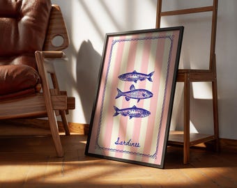 Retro sardintavla, udda kökskonst med kustmotiv (digital nedladdning)