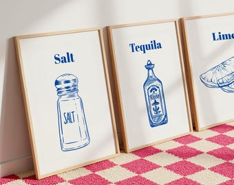 Tequila Art Print Set, Salt Lime Wall Art, Bar Cart Decor, Kitchen Prints