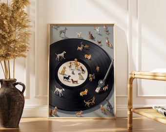 Retro Dogs on Turntable Art Print, Modern Vinyl Record Player Poster (Digital Download)