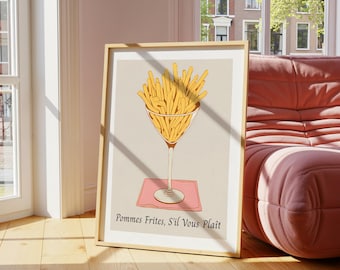 French Fries Martini Glass Art Print: Quirky Bar Cart Decor (Digital Download)