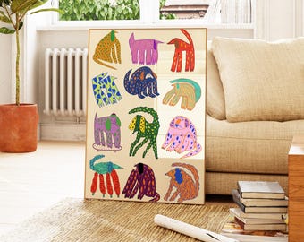 Könnte beinhalten: Ein rechteckiger gerahmter Kunstdruck mit einem Raster aus zwölf stilisierten, bunten Hundeillustrationen in verschiedenen Posen und Mustern, darunter gepunktete, gestreifte und einfarbige Designs in Orange, Pink, Rot, Blau, Grün und Violett.