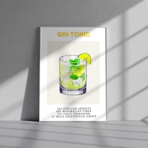 Gin and Tonic Print, Bar Cart Wall Art, Classic Cocktail Poster, Alcohol Decor, Cocktail Recipe Art, Digital Download, Kitchen Bar Print