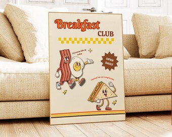 Póster retro de "El Club del Desayuno", con un divertido personaje gastronómico (descarga digital)