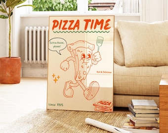 Retro Pizza Time Poster, Funny Kitchen Art Print (Digital Download)