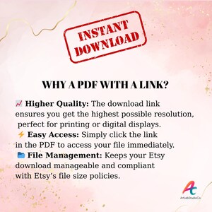 May include: A digital art graphic with a pink and gold background. The image includes the text "INSTANT DOWNLOAD" in a red stamp, and the question "WHY A PDF WITH A LINK?" with bullet points explaining the benefits.