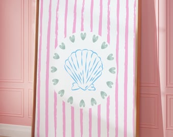 Seashell Art Print, Coastal Pink Stripes, Beach House Decor, gifted decorations (Digital Download)