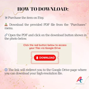 May include: A pink and gold graphic with instructions on how to download a file after purchase. The text includes steps to download from Etsy and Google Drive, with a red "DOWNLOAD" button.