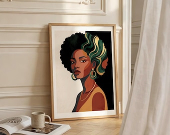 Black Woman Portrait Wall Art, Ethnic Fashion Print, Trendy Striped Afrocentric Poster, Green Chic Statement Decor, gifted decorations