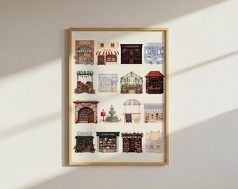 Cozy Village Shops, Nostalgic Kitchen Art, Bathroom Wall Art, Lenox Spice Village Print: 1989 Jar Set, Home Decor, Dopamine Decor