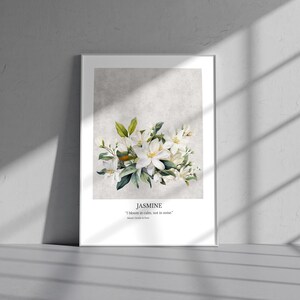 Impression botanique jasmin, art mural fleurs blanches, affiche de plante minimaliste, décoration nature calme, oeuvre d'art imprimable pour chambre à coucher, téléchargement numérique