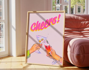 Proost cocktailprint, preppy barwagen, roze girly muurkunst (digitale download)