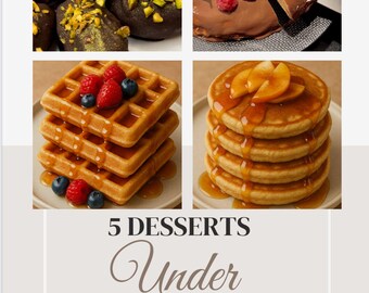 May include: A collage of five different desserts, each under 150 calories. The desserts include chocolate-covered dates, a chocolate cake, waffles, and pancakes. The text "5 Desserts Under 150 Calories!" is displayed in the centre of the image. The text "The Soft Planner" is displayed at the bottom of the image.