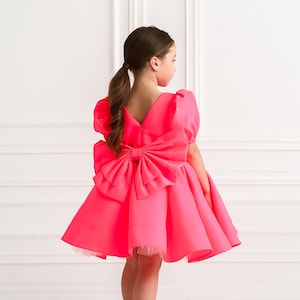 Pink Satin Flower Girl Dress, Big Bow Birthday Dress, Pink Toddler Party Dress, Elegant Special Occasion Outfit, Wedding Flower Girl Dress