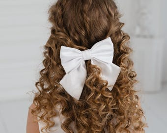 White Satin Hair Bow for Girls, Baby Hair Clips, Toddler Hair Accessories, School Hair Bow, Elegant Hair Clips for Kids, Ivory Hair Bow