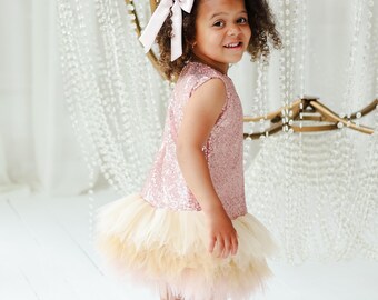 Blush Sequin Toddler Dress, Baby Girl Birthday Dress with Tulle Skirt, Sparkly Party Outfit, Formal Dress for Girls, Special Occasion Gown