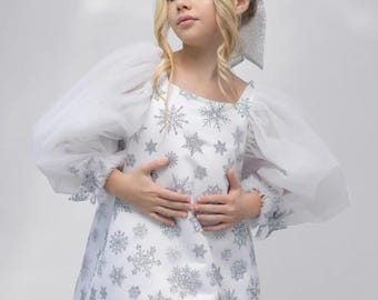女の子用クリスマスドレス、白銀の雪の結晶ホリデーパーティードレス、パフスリーブの冬の誕生日衣装、おしゃれな女の子用ドレス幼児パーティー